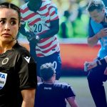 Katia Itzel García auxilia a árbitro con calambre durante partido del Mundial 2026